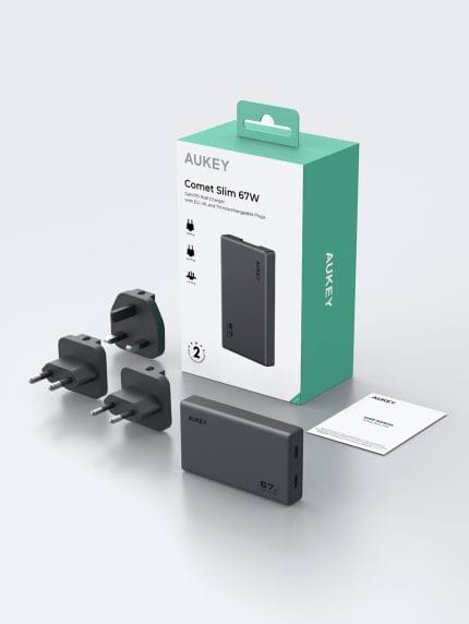 أوكي كوميت سليم PA-C3 شاحن جداري نحيف للغاية بقوة 67 وات GaN و PD 2xUSB-C , ضمان عامين