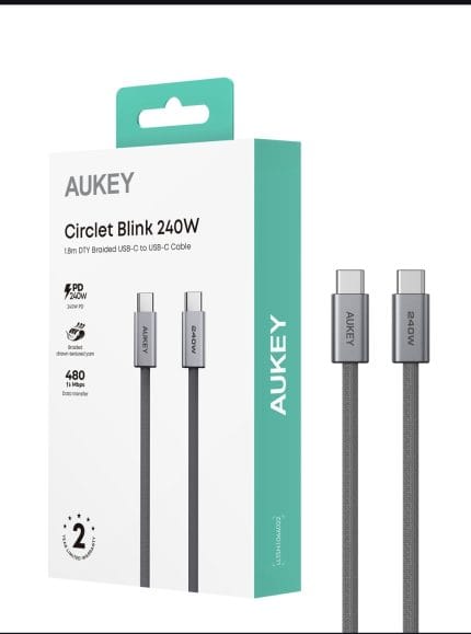 أوكي Circlet Blink  240W  كيبل شحن ومزامنة، مضفر من خامة DTY، USB-C إلى USB-C، طول 1.8م CB-DCC242 , ضمان عامين