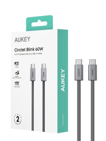 أوكي Circlit Blink 60W  كيبل شحن ومزامنة، مضفر من خامة DTY، USB-C إلى USB-C ، برأس من الألمنيوم ، طول 1م ، CB-DCC061 ، ضمان عامين